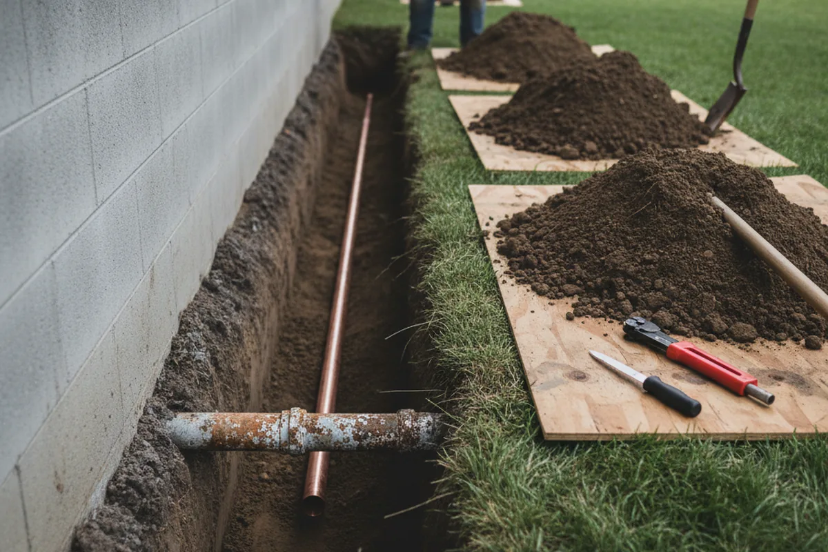 Excavated water line trench during Sewer Line Repair in Queen Anne